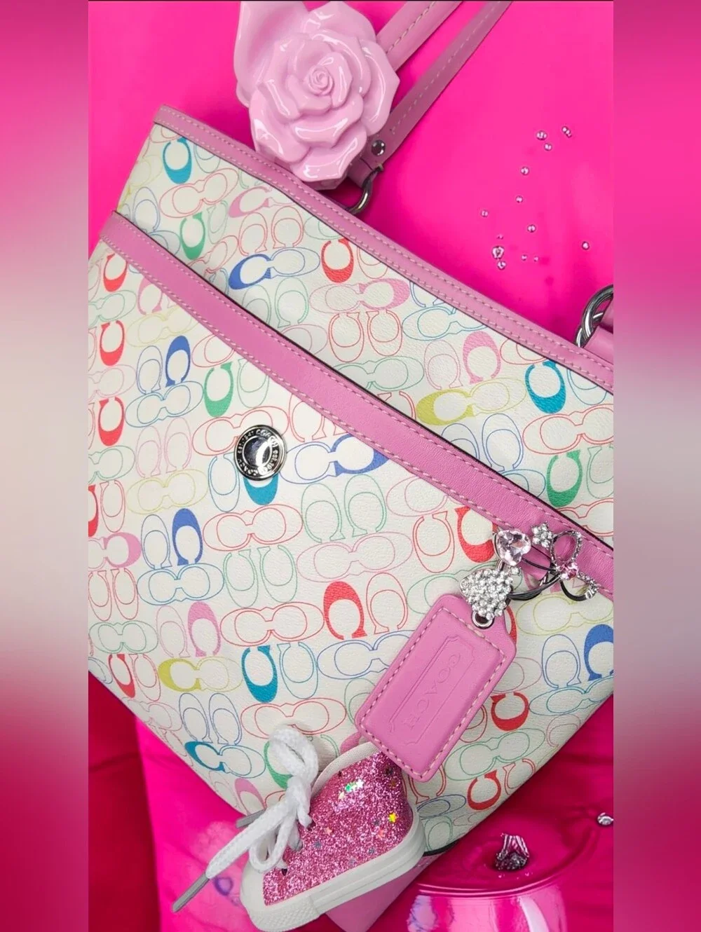 Vintage Y2K Coach Heritage Chelsea Pink Trim Multicolor Signature Tote F16874